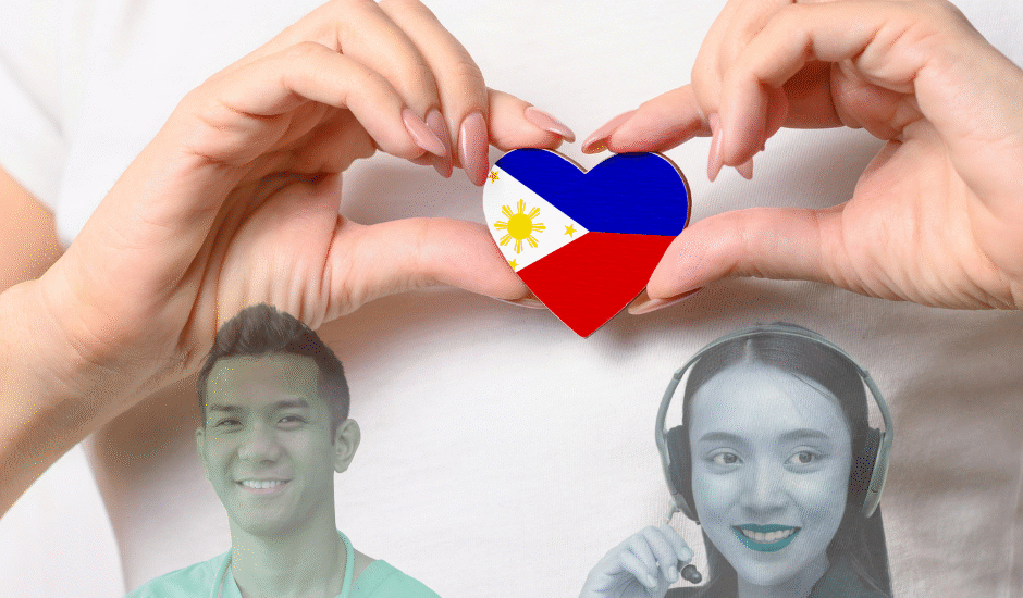 Hands forming a heart with the Philippine flag, showing pride in Filipino healthcare and virtual assistants.